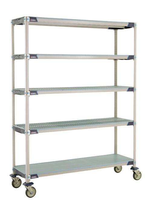 The MetroMax i 5X367EGX3 is a 79.3125 tall industrial plastic shelving unit with a silver frame, featuring five adjustable gray mesh shelves, including a solid bottom shelf. Its mobile on wheels and measures 18 x 60, ensuring simplicity and functionality in design.