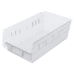 The Metro MB30130CLN Nesting Shelf Bin, Clear, 11.6 x 6.6 x 4, features a rectangular shape with ridged sides and an open front for easy organization and access.