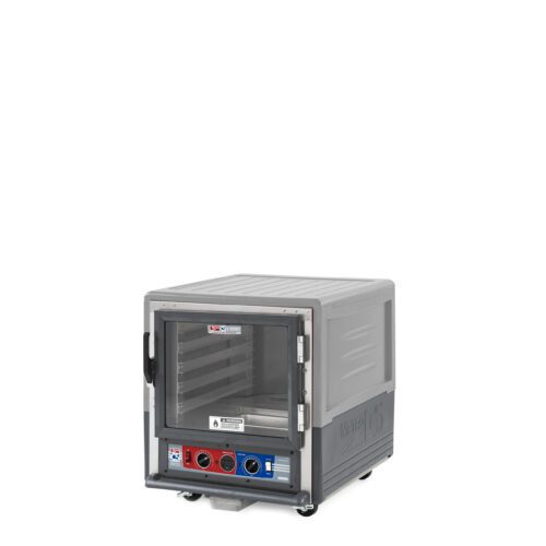The Metro C533-CXFC-L-GYA C5 3 Series is a gray, insulated holding/proofing cabinet with a full-length clear door and red and blue latch handles, designed for hot/cold transport. It features small wheels for easy mobility and operates at 220-240V.