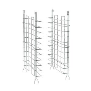 A pair of Metro 15SNC Super Erecta Tray Slides for 18 wide shelves, made of chrome and supported by a grid structure, feature multiple horizontal shelves ideal for holding items against a pristine white background.