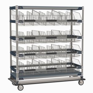 The MetroMax i MXIV7 IV Transport/Storage Sloped Basket Cart with Top Shelf, measuring 24 x 60, boasts a metal design, four gray shelves, and wire bins for easy access and mobility, ideal for efficient storage solutions.