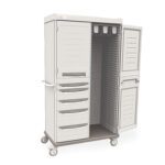 The Metro SXRD76MCATH2 is a sleek, double-wide Starsys Mobile Catheter Storage Cabinet with wheels, featuring a 180-catheter capacity, multiple drawers on the left, open shelves on the right, and handles for easy maneuvering.