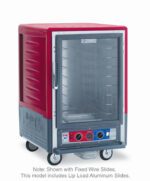 The Metro C535-CLFC-L C5 3 Series Insulated Holding/Proofing Cabinet features a full-length clear door and lip load aluminum slides. With a stylish red design, it has two control knobs and wheels for easy mobility. This efficient unit operates at 120V, 60Hz, and 1440W.