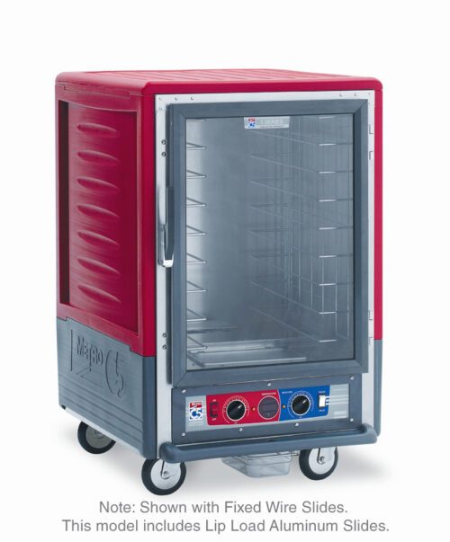 The Metro C535-CLFC-L C5 3 Series Insulated Holding/Proofing Cabinet features a full-length clear door and lip load aluminum slides. With a stylish red design, it has two control knobs and wheels for easy mobility. This efficient unit operates at 120V, 60Hz, and 1440W.