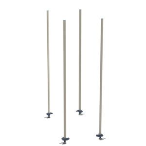 Four tall, slender metal poles with round bases and clamps at the bottom stand vertically like those in a Metro BTAX3 qwikTRAK Stationary Intermediate Unit Kit for MetroMax Shelving, featuring evenly spaced polymer posts against a plain white background.