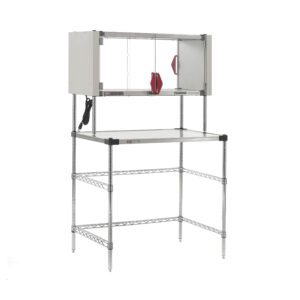 The Metro EZHSE36W-KIT Super Erecta Hot Workstation features a metal wire shelving unit with an enclosed stainless steel heated shelf, two red arm ports, a clear front panel, and an electrical cord on the left side. It measures 24 x 36 x 64, operates on 120V, and has a power of 400W.