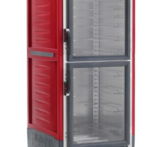 The Metro C539-CLDC-UA C5 3 Series is a red, full-height insulated holding/proofing cabinet with Dutch clear doors and universal wire slides. It operates at 120V, 60Hz, and 1440W and is mounted on wheels for easy mobility.
