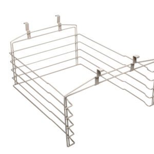 The Metro MAX4-SS2E Super Slide System features a metal hanging basket with wire panels and hooks, perfect for under-shelf storage and optimizing space on MetroMax 4 Industrial Plastic Shelving.