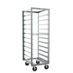 The Metro RF23N Roll-In Refrigerator Pan Racks, measuring 21.375 x 26 x 64.75, feature a versatile and sleek design with multiple horizontal shelves, open sides, and four large black wheels for mobility, perfect against a white backdrop with a 5 slide spacing.