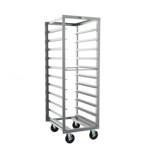 d0x2ti95cjdb24oyov4n2inqqv4ukile.jpg The Metro RF23N Roll-In Refrigerator Pan Racks, measuring 21.375 x 26 x 64.75, feature a versatile and sleek design with multiple horizontal shelves, open sides, and four large black wheels for mobility, perfect against a white backdrop with a 5 slide spacing.