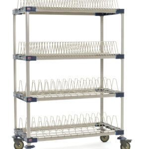 Introducing the MetroMax 4 MAX4-PR48VX4, a mobile drying rack with four tiers and blue brackets on a silver structure, measuring 26 x 50 x 68. It includes two tray racks, two pan racks, and wire slots for plates. Perfect for mobility and convenient storage.