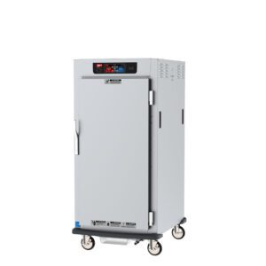 The Metro C597-SFS-L C5 9 Series, a 3/4 height food warming cabinet, features a digital control panel, top ventilation, and a left-handle solid door. It operates efficiently at 60Hz, has lip load aluminum slides, and is designed for controlled humidity heated holding and proofing at 120V and 2000W.
