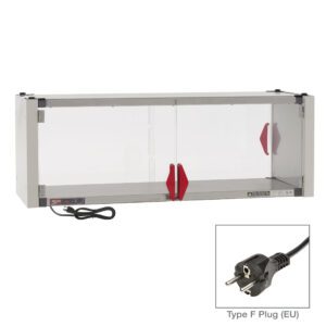 The Metro HSX1448-EKIT-EU Super Erecta Hot Enclosure Kit includes a stainless steel heated shelf, Type F plug, and operates at 220-240V with 336-400W power. It measures 48.7 x 17.7 x 17.4.