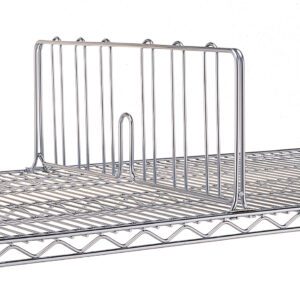 The Super Erecta Shelf Divider, Chrome, 8 x 12, with vertical rods, organizes and separates items on a metal shelf and is positioned near the front of the wire shelf.