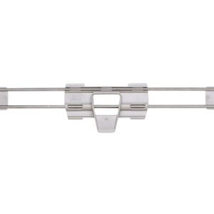 A sleek silver metal pants hanger featuring adjustable clips, a central hook, and minimalistic white plastic accents, designed for hanging clothing with practicality similar to the Metro MAX4-L24-2S Stackable Shelf Ledge for MetroMax 4 industrial plastic shelving.