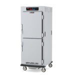 The Metro C599L-SDS-UPDSA C5 9 Series gray, full-height pass-thru cabinet features digital controls on top, Dutch Solid Doors, universal wire slides, and stainless steel handles. Its mounted on wheels and includes a small side vent. Operating at 120V and 60Hz for reliability.