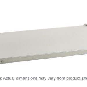 A Metro 2430NFS Super Erecta Solid Shelf, made of stainless steel and measuring 24 x 30, is pictured with metallic corners and a flat surface. Note: Actual dimensions may vary from product shown. It is autoclavable/cart-washable.