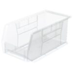 The Metro MB30230CLSH Stacking/Hanging Supply Bin, Clear, 10.8 x 5.5 x 5, features a clear rectangular design with an open front and embossed branding on the side, ideal for organizing and displaying stored items.