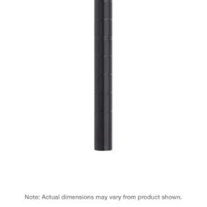 The Metro 74 H Super Erecta SiteSelect Mobile-Ready Industrial Wire Shelving Post in sleek black has a telescopic design. Its matte finish creates an elegant contrast against the white background, with a note stating, Actual dimensions may vary.