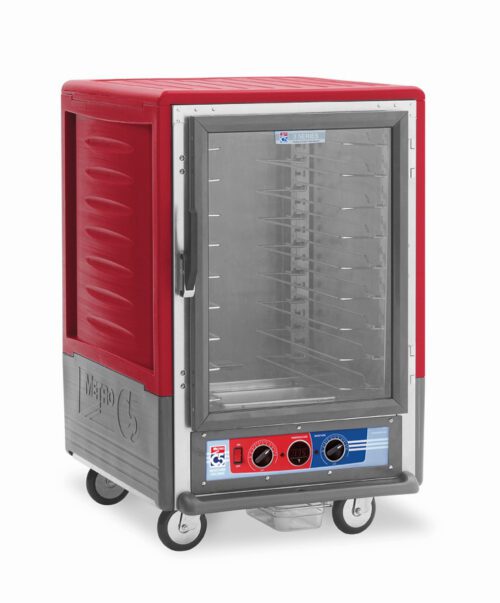 The Metro C535-MXFC-U cabinet is a red 1/2 height insulated heated holding/proofing unit with a clear full-length door, universal wire slides, and bottom control knobs. Its mounted on wheels and operates at 220-240V, 50/60Hz, providing 1681-2000W of power.