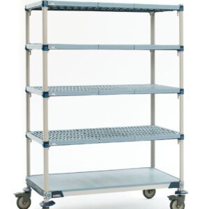 The MetroMax Q 5Q367EG3 is a tall mobile cart with five adjustable perforated shelves and a solid bottom shelf for durability. It comes in blue and silver, measures 18 x 60 x 80, and includes wheels for easy mobility. Note: Actual dimensions may vary from product shown.
