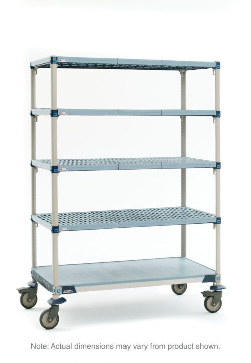 The MetroMax Q 5Q367EG3 is a tall mobile cart with five adjustable perforated shelves and a solid bottom shelf for durability. It comes in blue and silver, measures 18 x 60 x 80, and includes wheels for easy mobility. Note: Actual dimensions may vary from product shown.