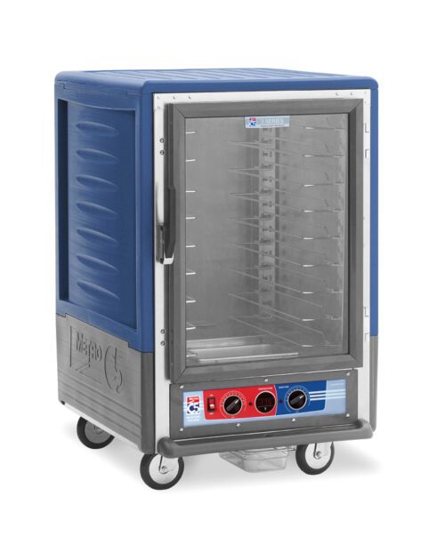 The Metro C535-MXFC-U-BU is a 1/2 height insulated moisture heated holding/proofing cabinet with a full-length clear door, universal wire slides, and a blue design. It features wheels, multiple tray slots, control buttons at the bottom, and operates at 220-240V and 50/60Hz.
