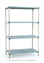 The MetroMax Q Q476G3 4-Shelf Shelving Unit features a gray frame with four adjustable perforated shelves, ideal for garage or warehouse storage. Dimensions: 21 x 72 x 63. Actual sizes may vary.