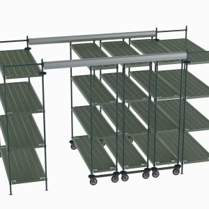The Metro TT12-E2460M1860P Top-Track Complete Kit features movable 60 Wide Super Erecta Pro Shelves on wheels in a multi-tier rectangular setup for efficient storage in 12 ft. spaces.