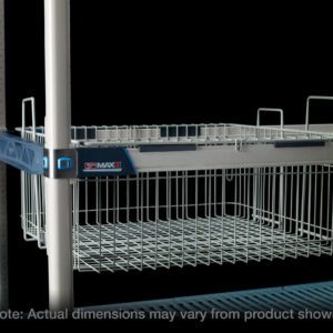 The Metro MB2416XE Wire Basket for MetroMax Industrial Plastic Shelving, shown on a metal shelving unit against a black background, has dimensions of 24 x 16. Note: Actual dimensions may vary. This sturdy design complements your modern storage needs effortlessly.