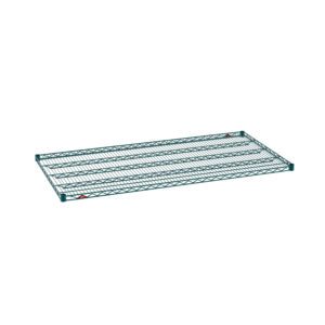 The Metro Super Erecta 3060NK3 Industrial Wire Shelf, featuring a sturdy grid design and reinforced sides, measures 30 x 60. Its finished in Metroseal Green Epoxy and is ideal for organizing, elegantly isolated against a plain white background.
