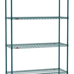 The Metro EZ1848NK3-4 Super Erecta Shelving Pak in Metroseal Green Epoxy, measuring 18 x 48 x 74, features four evenly spaced wire shelves and adjustable red clips on vertical poles, standing empty against a white background.