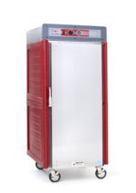 The Metro C549-ASFS-L C5 4 Series Insulated Holding Cabinet is a tall, red and silver unit on wheels with a full-length solid front door. It features lip load aluminum slides, top temperature controls, and operates at 120V/60Hz for efficient food holding and transport.