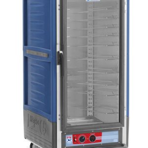 The tall, blue Metro C537-HLFC-U-BU C5 3 Series Insulated Holding Cabinet features a full-length clear door, stainless steel frame, universal wire slides, control knobs at the base, and four caster wheels for easy mobility. The Metro brand is prominently displayed on the side.