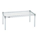 The Metro P1824NS Super Erecta Standard-Duty Dunnage Platform is a stainless steel unit with an 18 x 24 chrome wire shelf, featuring four adjustable legs and a rectangular grid surface, ideal for storage or organizational needs.
