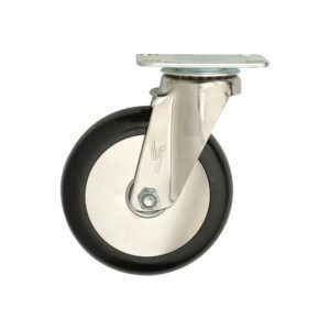 The Metro B5DN 5 Neoprene Swivel B-Plate Caster is designed for made-to-order truck dollies and features a black rubber edge, silver mounting bracket, and sleek silver hub with a central bolt against a white background.