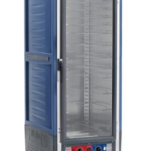 The Metro C539-CFC-U-BUA, a tall blue industrial food warmer, has a full-length clear door, multiple interior shelves, control knobs, and wheels for mobility. This 120V, 60Hz unit reveals its spacious interior against a plain white background.