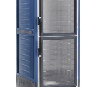 The Metro C539-CDC-L-BU C5 3 Series Cabinet is a full-height, blue unit with Dutch clear doors and lip load aluminum slides. Operating at 120V, 60Hz, and 2000W, it features wheels for mobility and control knobs at the bottom front.