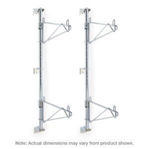 The Metro SW21C Super Erecta Post-Type Wall Mount End Unit Kit, Chrome, for 14 shelf width, includes two vertical silver supports with adjustable brackets and accommodates 1 shelf level. Note: Actual dimensions may vary.