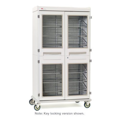 The Metro SXRD76MXD3 Starsys XD Extra Deep Mobile Supply Cabinet is double wide, mobile, and features clear doors with code locking. It includes multiple metal shelves inside. Note: Code locking version shown.