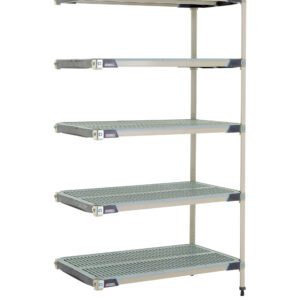 The MetroMax i 5AX547GX3 add-on unit is a 24 x 42 x 74 industrial shelf with five adjustable, ventilated shelves in gray. This free-standing unit is open on all sides and supported by four vertical posts for versatile storage.