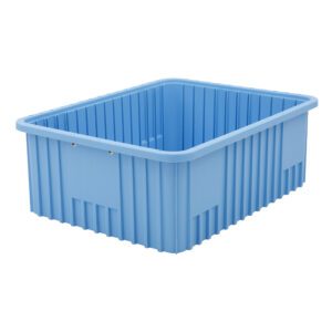 The Metro TB93080BAS Static Dissipative Polypropylene Tote in blue (22.5 x 17.5 x 8) is perfect for organizing various items. Its large, rectangular design with ribbed sides, an open top, and rounded edges enhances accessibility for efficient storage solutions.