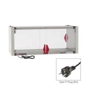 The Metro HSX1842-EKIT-EU Super Erecta Hot Enclosure Kit includes a 42.7 x 21.7 x 17.4 stainless steel enclosure with transparent sliding doors, red handles, a heated shelf (336-400W), and an EU Type F plug, making it ideal for European labs.