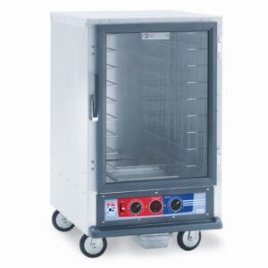 The Metro C515-PXFC-L C5 1 Series 1/2 height proofing cabinet includes a glass door, adjustable wire slides, lip load aluminum slides, control panel with two red knobs, operates at 220-240V and 1210-1440W, and has four wheels for mobility.