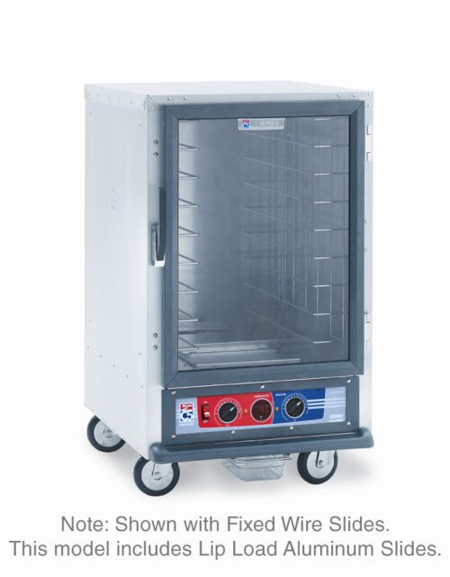 The Metro C515-PXFC-L C5 1 Series 1/2 height proofing cabinet includes a glass door, adjustable wire slides, lip load aluminum slides, control panel with two red knobs, operates at 220-240V and 1210-1440W, and has four wheels for mobility.