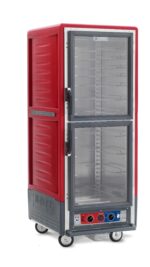 The Metro C539-CXDC-UA C5 3 Series Insulated Holding/Proofing Cabinet is full-height with Dutch clear doors, universal wire slides, and wheels for easy mobility. The red unit is perfect for versatile food storage with control knobs and shelves for trays or pans.