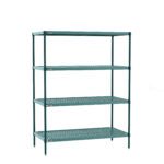 The Metro PR-213663K3-S-4 Super Erecta Pro Industrial Wire 4-Shelf Unit has a minimalist design with grid pattern and removable plastic mats, ideal for organizing items. This teal metal shelving units perforated shelves stand on a flat surface, perfect against a white backdrop.