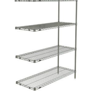 The Metro AN356BR Super Erecta 4-Shelf Add-On Unit, 18 x 48 x 63, offers ventilation and visibility with its Brite wireframe design. It features four vertically stackable, adjustable shelves, making it a minimalist and utilitarian storage or organization solution.