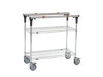 The Metro MS1836-BRBR PrepMate MultiStation 36 Prep Station features two-tiered Brite Zinc Wire shelves, Chrome posts, and a sturdy handle with black grips and an orange accent on four large swivel wheels.