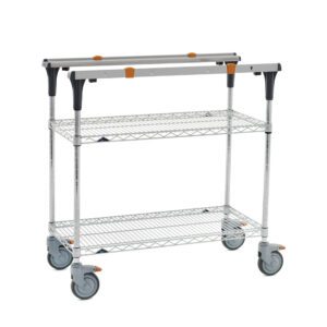 The Metro MS1836-BRBR PrepMate MultiStation 36 Prep Station features two-tiered Brite Zinc Wire shelves, Chrome posts, and a sturdy handle with black grips and an orange accent on four large swivel wheels.